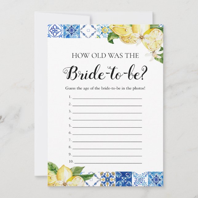 Blue Tiles Lemons How Old Was the Bride Game Invitation (Front)