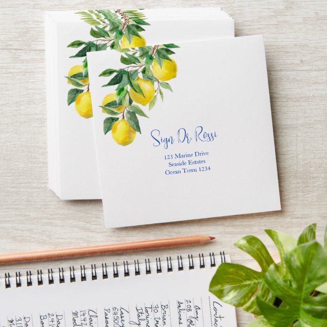 Blue tiles lemons Italian addressed envelopes (Stacked)