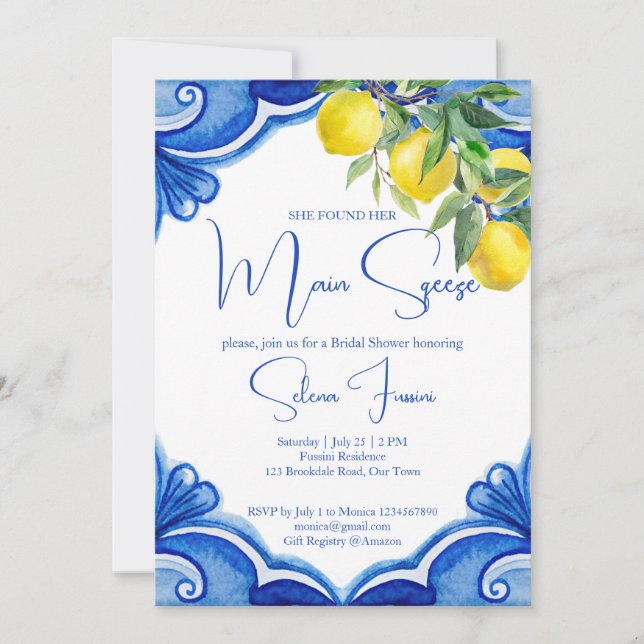 Blue tiles lemons main squeeze bridal shower invitation (Front)