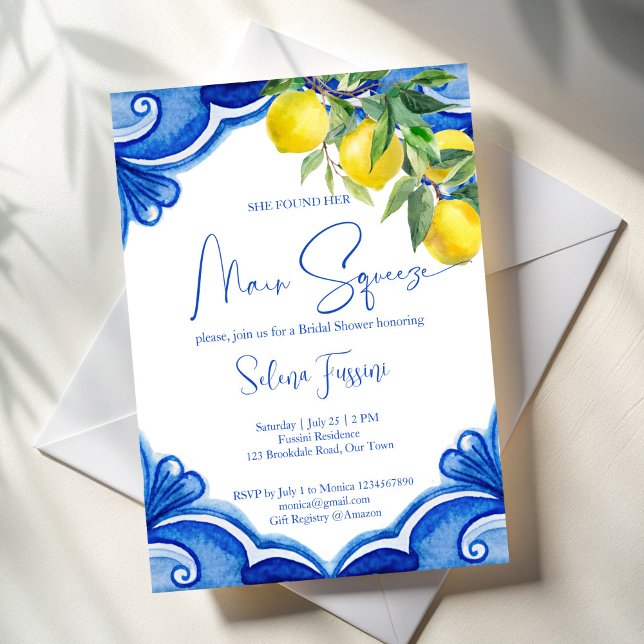 Blue tiles lemons main squeeze bridal shower invitation (Blue tiles lemons she found her main squeeze bridal shower invitation template instant download)