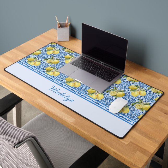 Blue Tiles Lemons Mediterranean Pattern Name Desk Mat (Office 2)