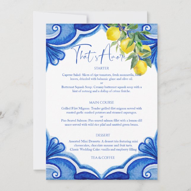 Blue tiles lemons vintage Italian menu card (Front)