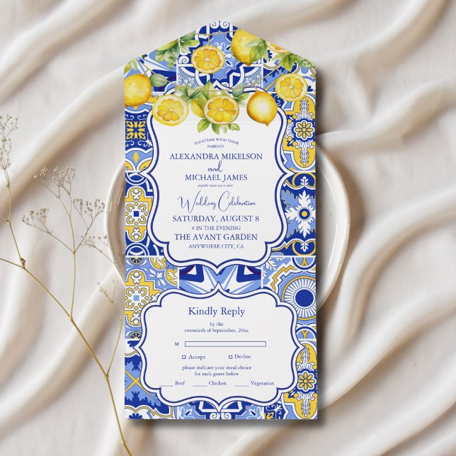 Blue tiles Lemons Wedding All In One Invitation (Creator Uploaded)