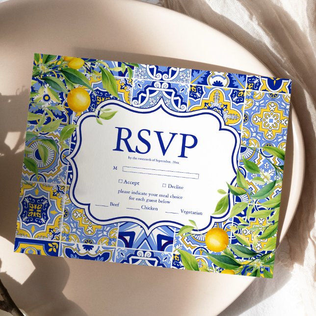 Blue tiles Lemons Wedding RSVP Card (Creator Uploaded)
