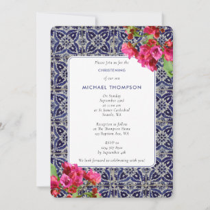Blue Tiles Mediterranean Bougainvillea Baptism  Invitation