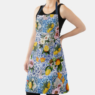 Blue tiles Mediterranean Floral  Apron