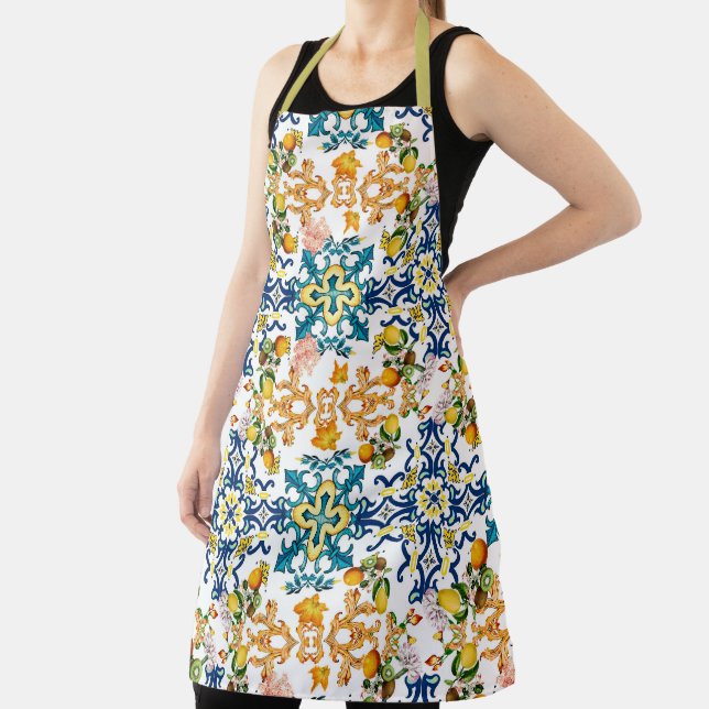 Blue tiles Mediterranean Floral  Apron (Insitu)