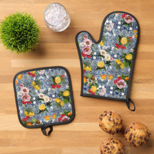 Blue tiles Mediterranean Floral Oven Mitt & Pot Holder Set