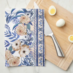 Blue tiles Mediterranean Floral  Tea Towel