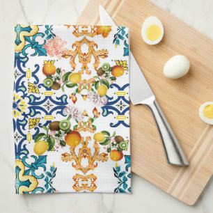 Blue tiles Mediterranean Floral  Tea Towel