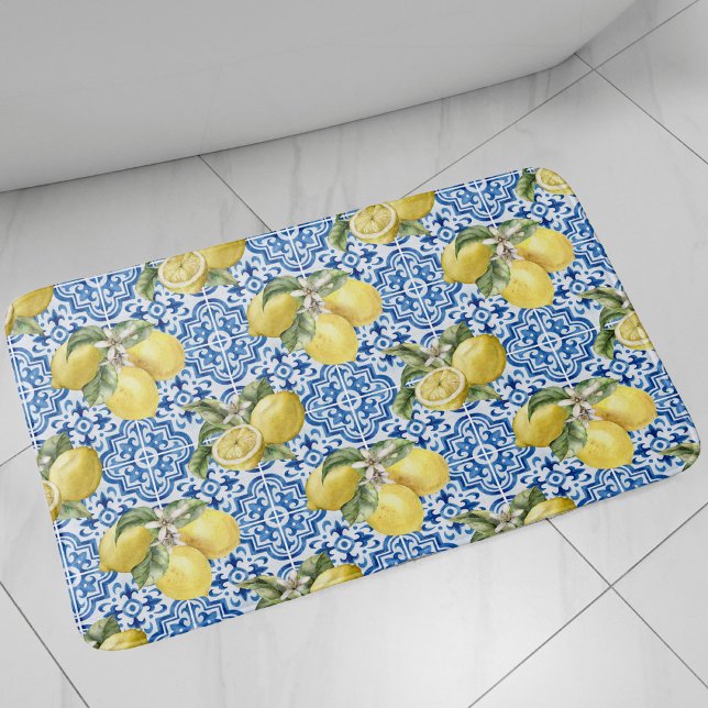 Blue Tiles Mediterranean Lemon Pattern Bath Mat (Creator Uploaded)