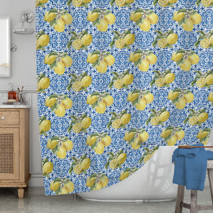 Blue Tiles Mediterranean Lemon Pattern Shower Curtain