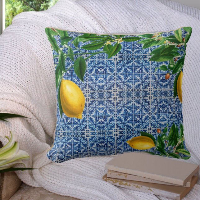 Blue Tiles Mediterranean  Lemons Chic Modern Cushion (Creator Uploaded)