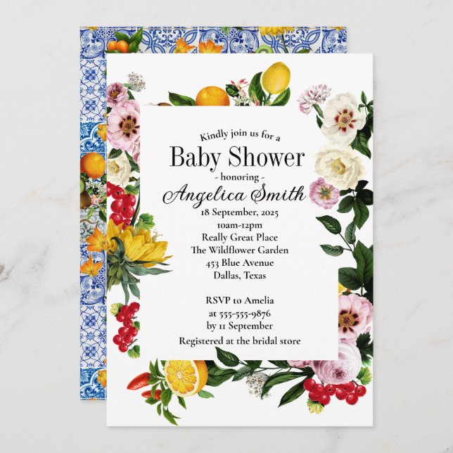 Blue tiles Mediterranean Pattern Baby Shower  Invitation (Front/Back)