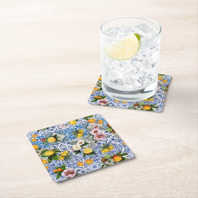Blue Tiles Mediterranean Pattern  Square Paper Coaster (Insitu)