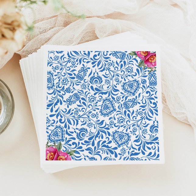 Blue Tiles Pink Flower Mediterranean Greek Party Napkin (Creator Uploaded)