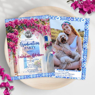 Blue Tiles Pink Flowers Disco Graduation Party Invitation