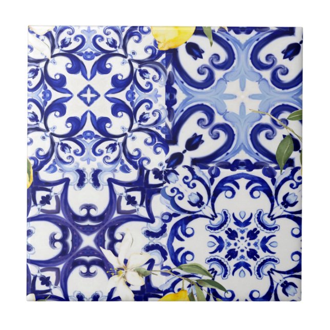 Blue tiles,Sicilian,majolica, mosaic art ,lemon  Ceramic Tile (Front)