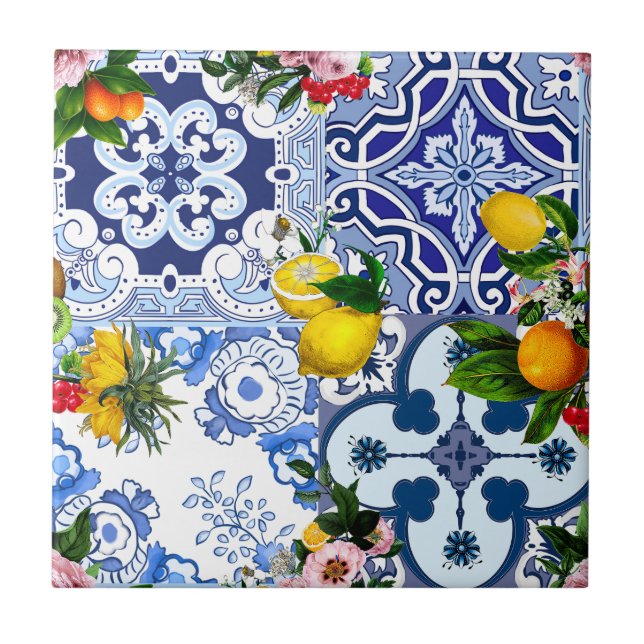 Blue tiles,Sicilian,majolica, mosaic art ,lemon  Ceramic Tile (Front)