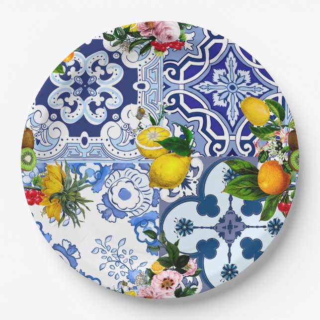 Blue tiles,Sicilian,majolica, mosaic art ,lemon  Paper Plate (Front)