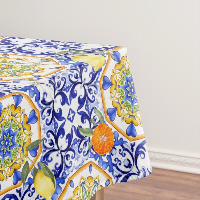 Blue tiles,Sicilian,majolica, mosaic art ,lemon  Tablecloth (In Situ)