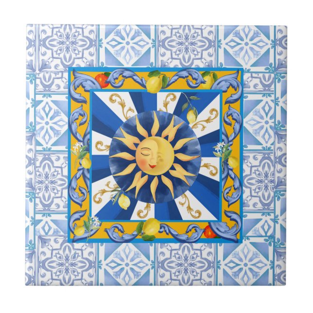 Blue tiles,Sicilian sun,mosaic,majolica,lemon, Ceramic Tile (Front)