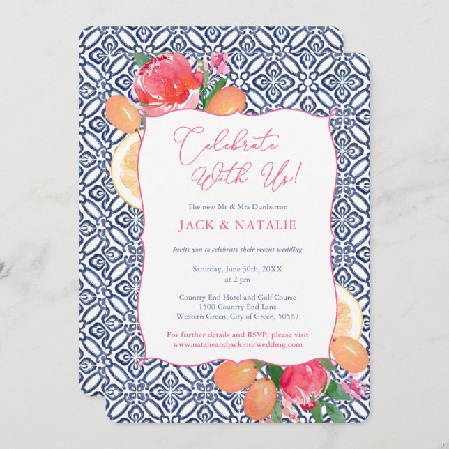 Blue Tiles Vivid Florals Citrus Celebrate With Us Invitation (Front/Back)