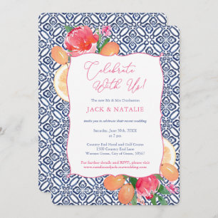 Blue Tiles Vivid Florals Citrus Celebrate With Us Invitation