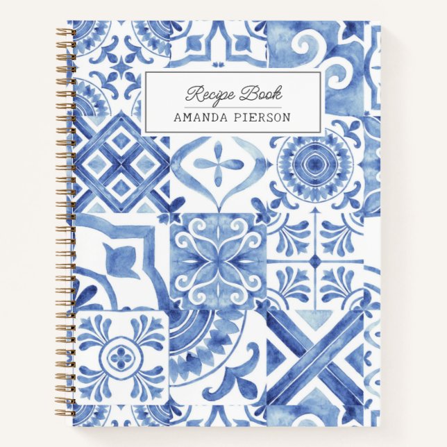 Blue Tiles Watercolor Personalised  Notebook (Front)