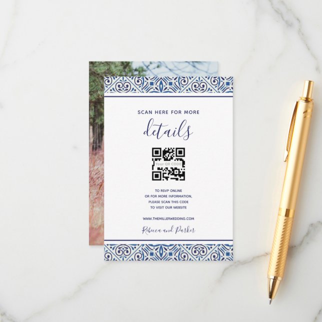 Blue tiles wedding details QR photo insert card (Front/Back In Situ)