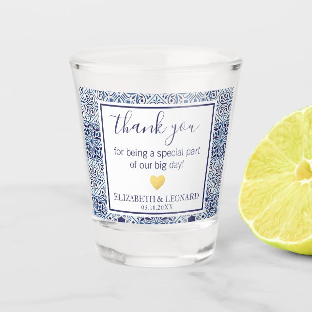 Blue tiles Wedding Favour Thank you Shot Glass (Front)