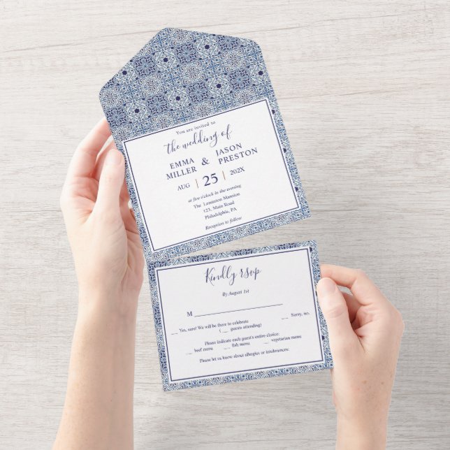 Blue tiles Wedding Invitation all in one photo (Tearaway)