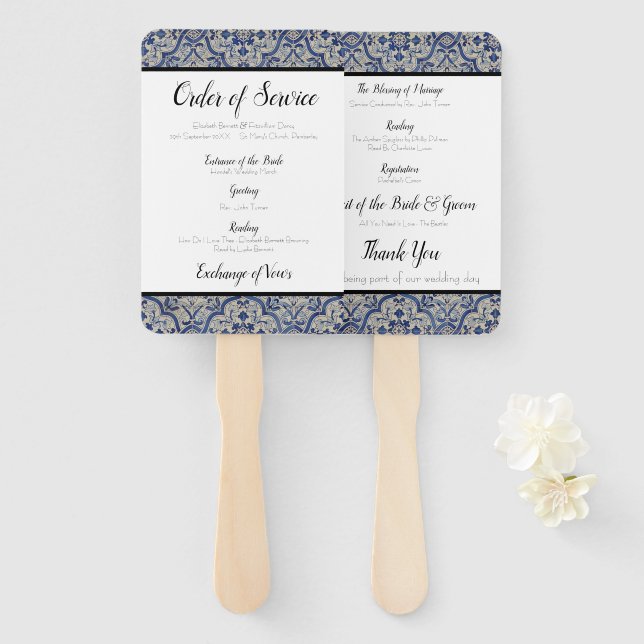 Blue Tiles Wedding Order Of Service Fan (Front and Back)