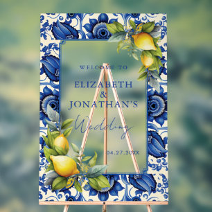 Blue Tiles Yellow Lemons Wedding Welcome Acrylic Sign