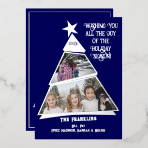 Blue Tilted Tree Fun and Modern Photo Foil Holiday Card