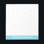 Blue Tiny Colourful Confetti Add Your Name Notepad<br><div class="desc">Girly notepad with tiny colourful confetti scattered over the page and your name in a font against a light blue border at the bottom of the page. Fun personalised notepad with your name in light sky blue and white and a tonne of mini confetti in pink, purple, yellow, mint green,...</div>