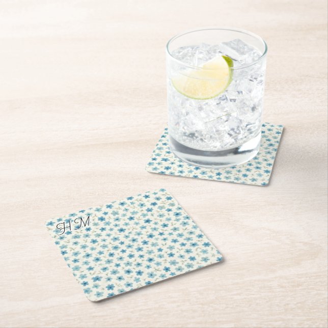 Blue Tiny Flower Simple Customise Your Initial Square Paper Coaster (Insitu)