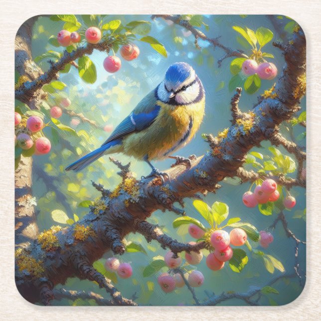 Blue Tit 1 Square Paper Coaster (Front)