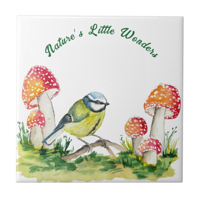 Blue Tit and Fly Agaric in a Forest Clearing Ceramic Tile (Front)