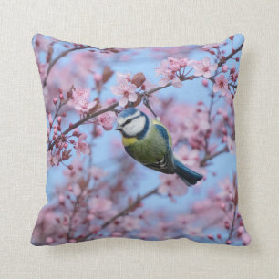 Blue Tit Bird in Pink Japanese Cherry Blossoms  Cushion