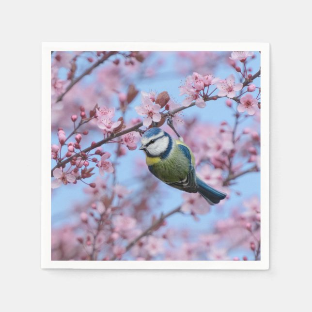 Blue Tit Bird in Pink Japanese Cherry Blossoms   Napkin (Front)