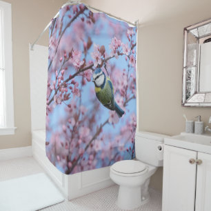 Blue Tit Bird in Pink Japanese Cherry Blossoms Shower Curtain