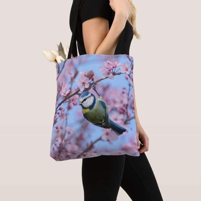 Blue Tit Bird in Pink Japanese Cherry Blossoms   Tote Bag (Close Up)