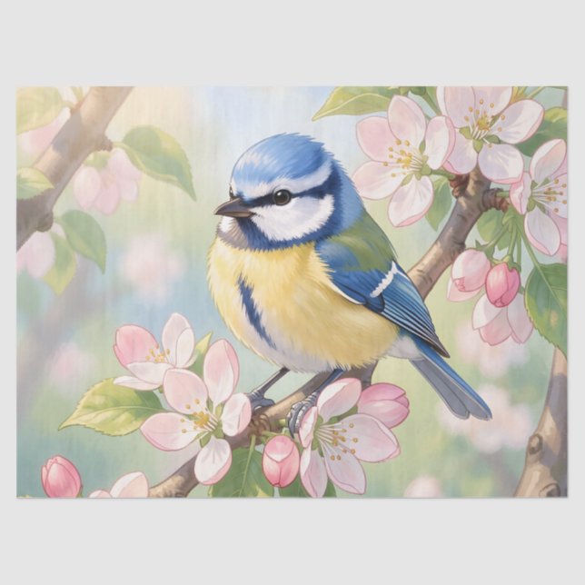  Blue Tit Bird on Apple Tree Spring Decoupage  Tissue Paper (Front)