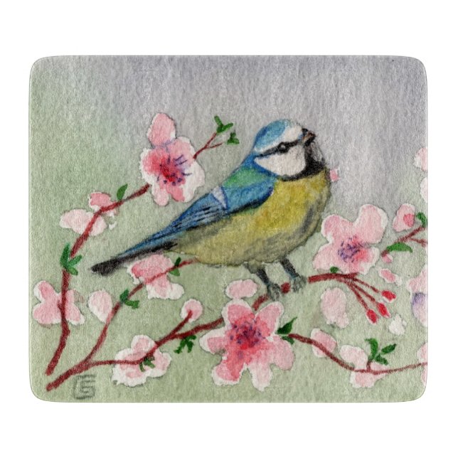 Blue Tit Bird On Cherry Blossom Tree Cutting Board (Front)