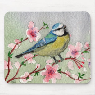 Blue Tit Bird On Cherry Blossom Tree Mouse Pad
