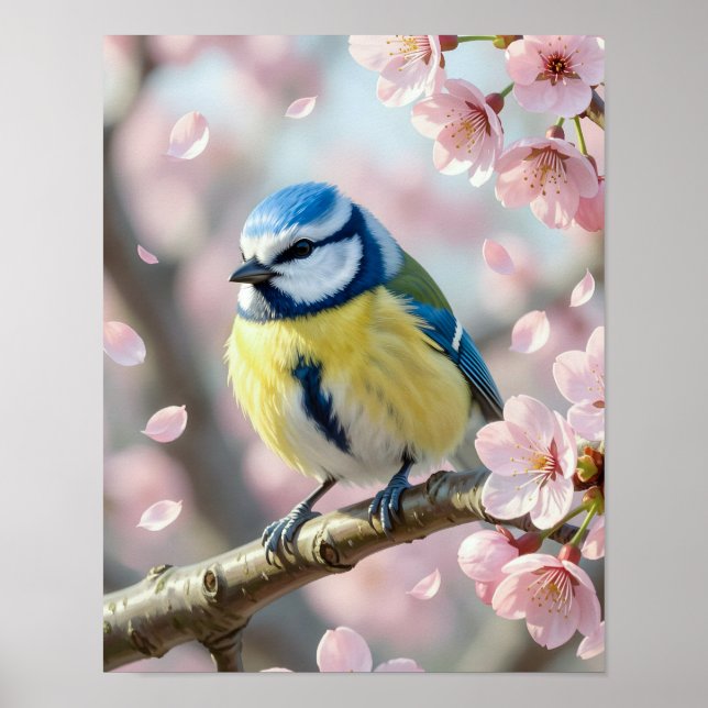  Blue Tit Bird on Cherry Blossom Tree Spring Poster (Front)