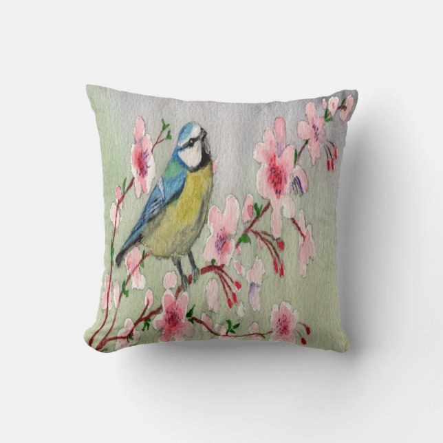 Blue Tit Bird On Cherry Blossom Tree Watercolour Cushion (Front)