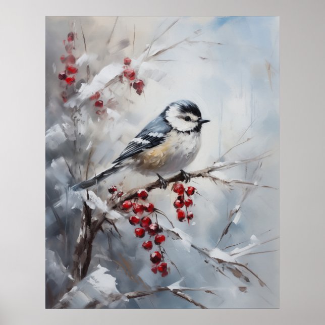 Blue Tit Bird on Snowy Berries Winter Art Poster (Front)