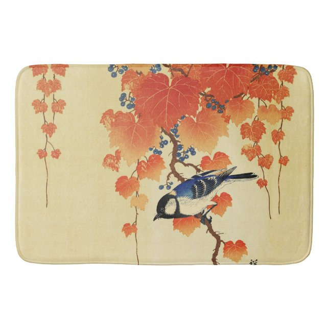 Blue Tit Bird,Paulownia Branch,Red Autumn Leaves  Bath Mat (Front)